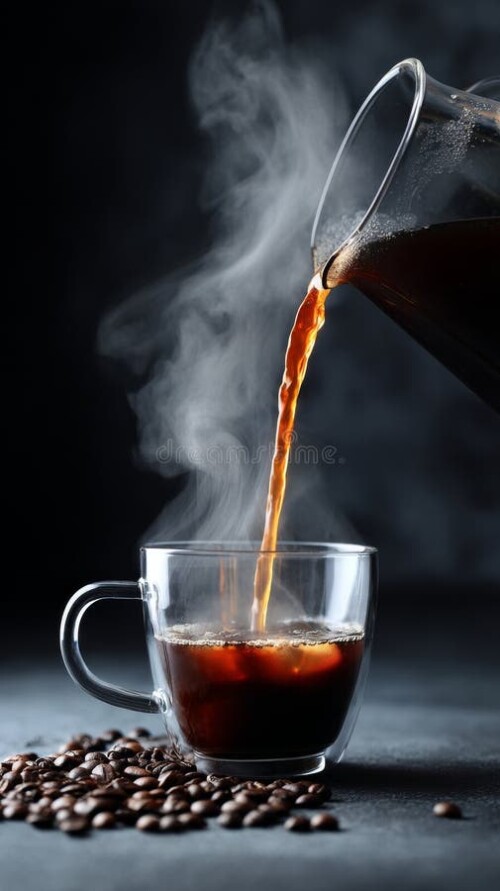 roasted coffee beans black background surround glass cup as filled steaming espresso 389875296