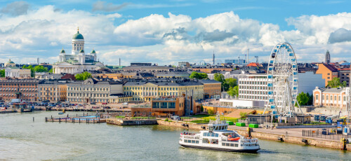 Helsinki cityscape with Helsinki Cathedral and port, Finland